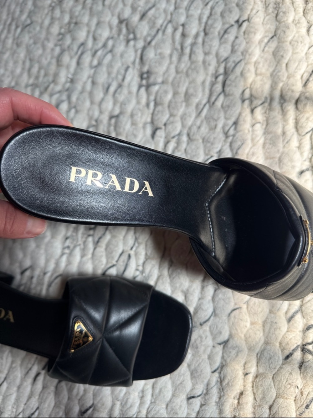 Prada Black Quilted Leather Heeled Slides with Gold Logo - Picture 6 of 8